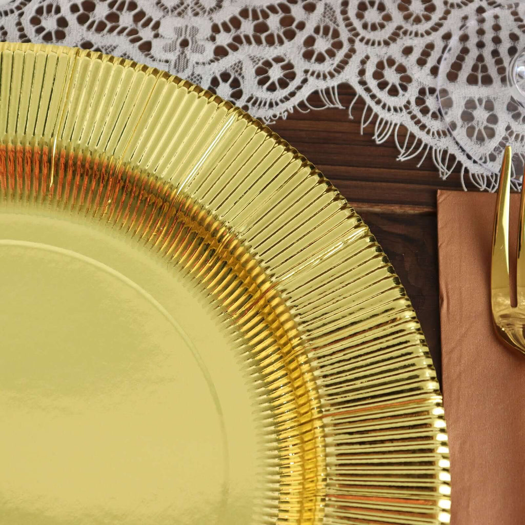 25 - Pack Paper 10" Round Dinner Plates in Metallic Gold Sunray Design - Disposable Heavy Duty 350GSM Party Plates - Bell Racket Store