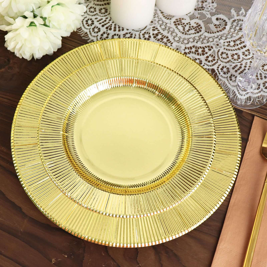 25 - Pack Paper 10" Round Dinner Plates in Metallic Gold Sunray Design - Disposable Heavy Duty 350GSM Party Plates - Bell Racket Store