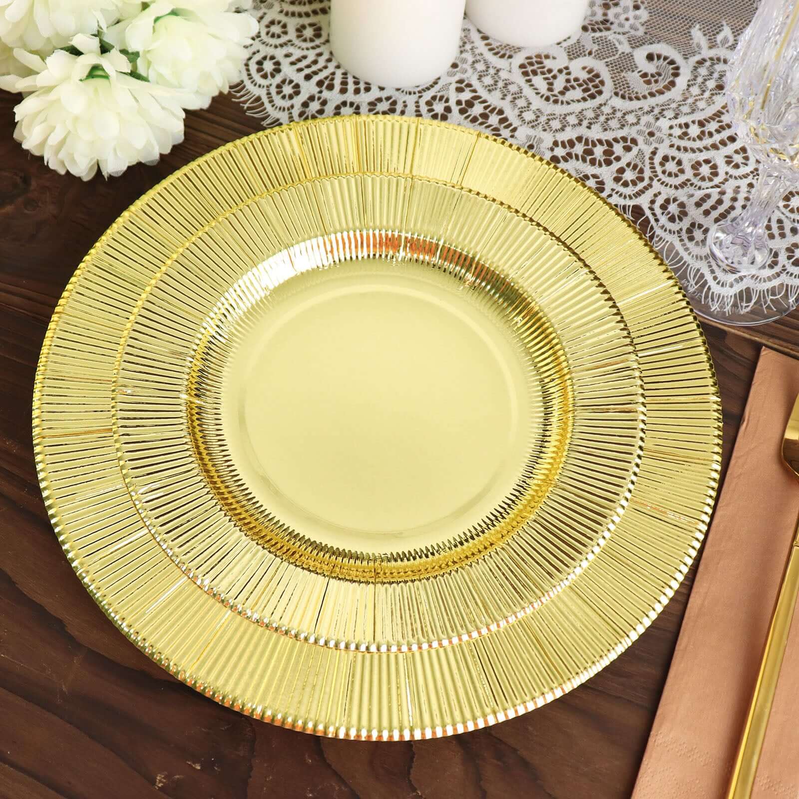 25 - Pack Paper 10" Round Dinner Plates in Metallic Gold Sunray Design - Disposable Heavy Duty 350GSM Party Plates - Bell Racket Store