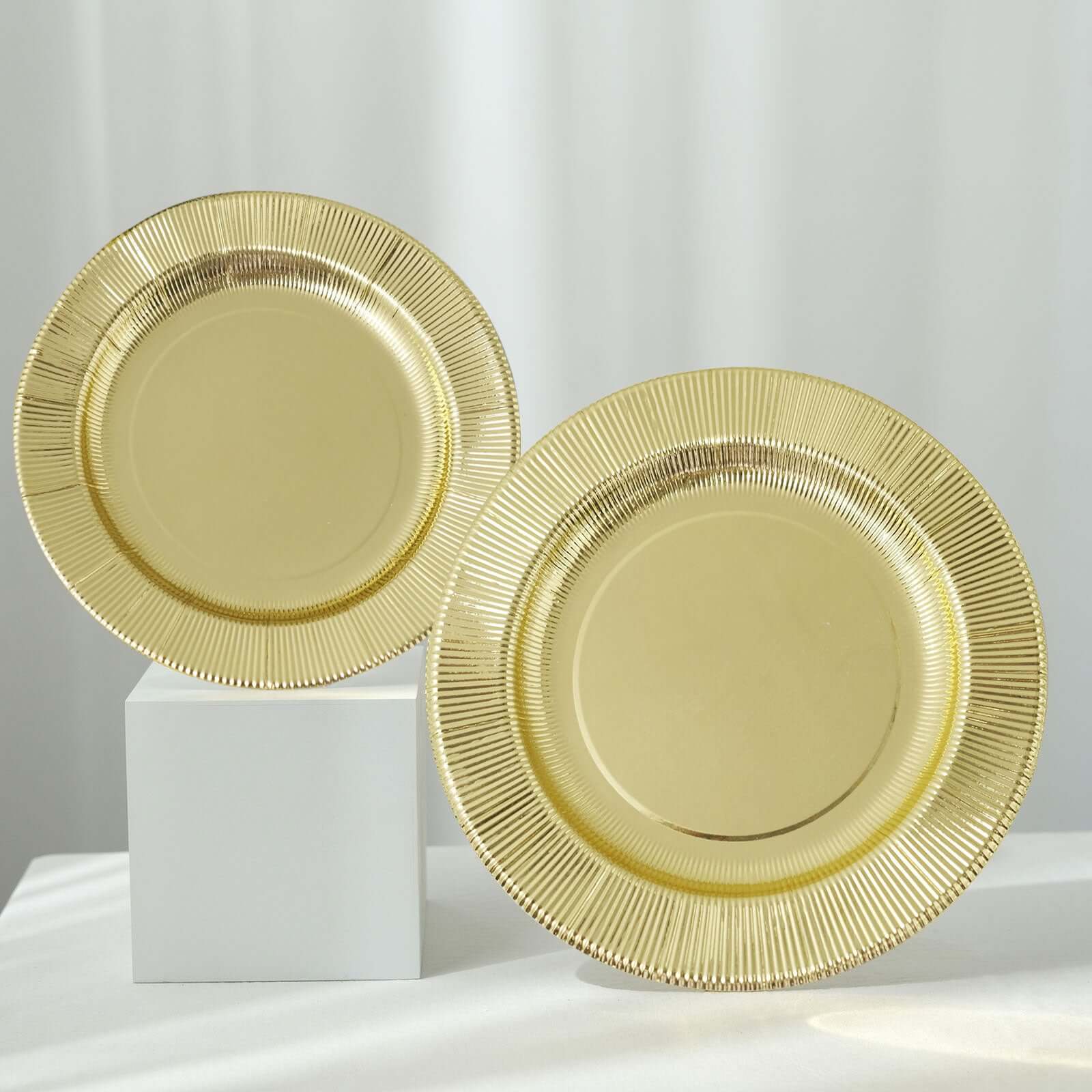 25 - Pack Paper 10" Round Dinner Plates in Metallic Gold Sunray Design - Disposable Heavy Duty 350GSM Party Plates - Bell Racket Store