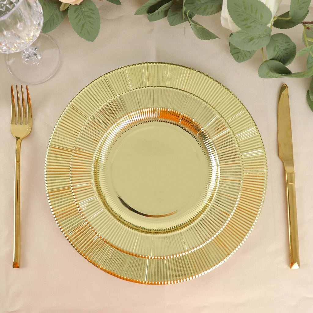 25 - Pack Paper 10" Round Dinner Plates in Metallic Gold Sunray Design - Disposable Heavy Duty 350GSM Party Plates - Bell Racket Store