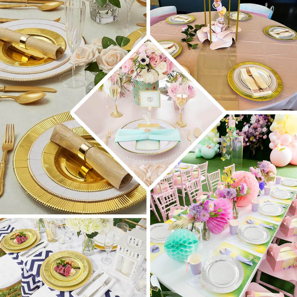 25 - Pack Paper 10" Round Dinner Plates in Metallic Gold Sunray Design - Disposable Heavy Duty 350GSM Party Plates - Bell Racket Store