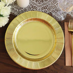 25 - Pack Paper 10" Round Dinner Plates in Metallic Gold Sunray Design - Disposable Heavy Duty 350GSM Party Plates - Bell Racket Store