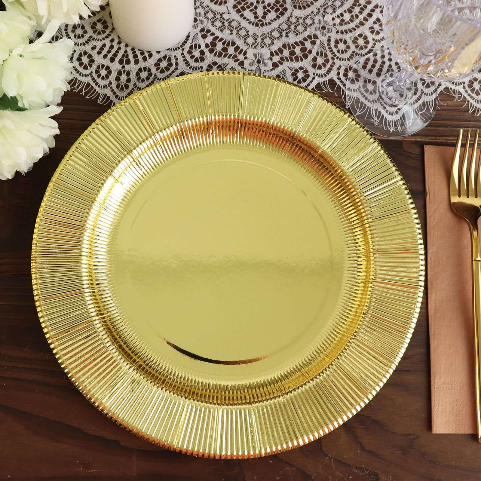 25 - Pack Paper 10" Round Dinner Plates in Metallic Gold Sunray Design - Disposable Heavy Duty 350GSM Party Plates - Bell Racket Store