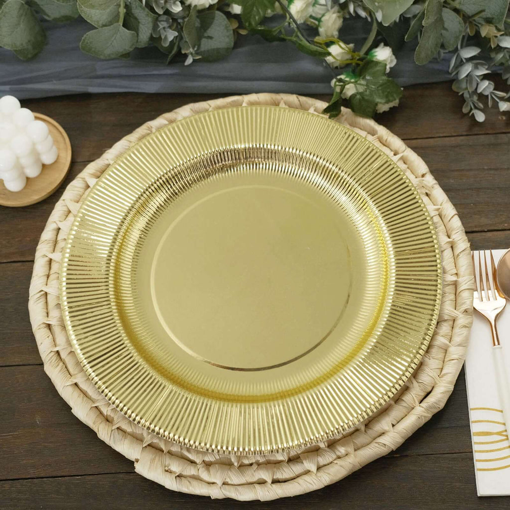 25 - Pack Paper 10" Round Dinner Plates in Metallic Gold Sunray Design - Disposable Heavy Duty 350GSM Party Plates - Bell Racket Store