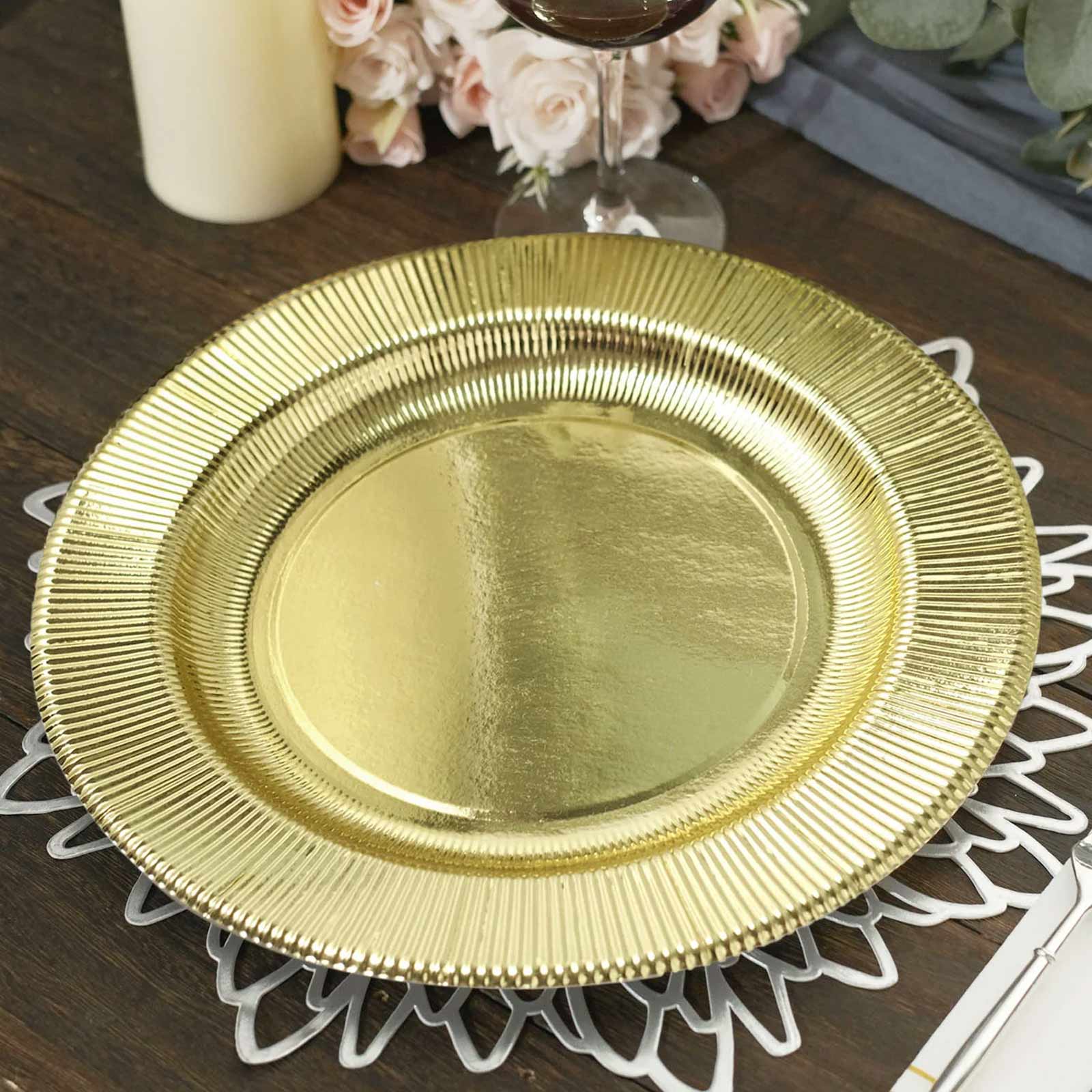 25 - Pack Paper 10" Round Dinner Plates in Metallic Gold Sunray Design - Disposable Heavy Duty 350GSM Party Plates - Bell Racket Store