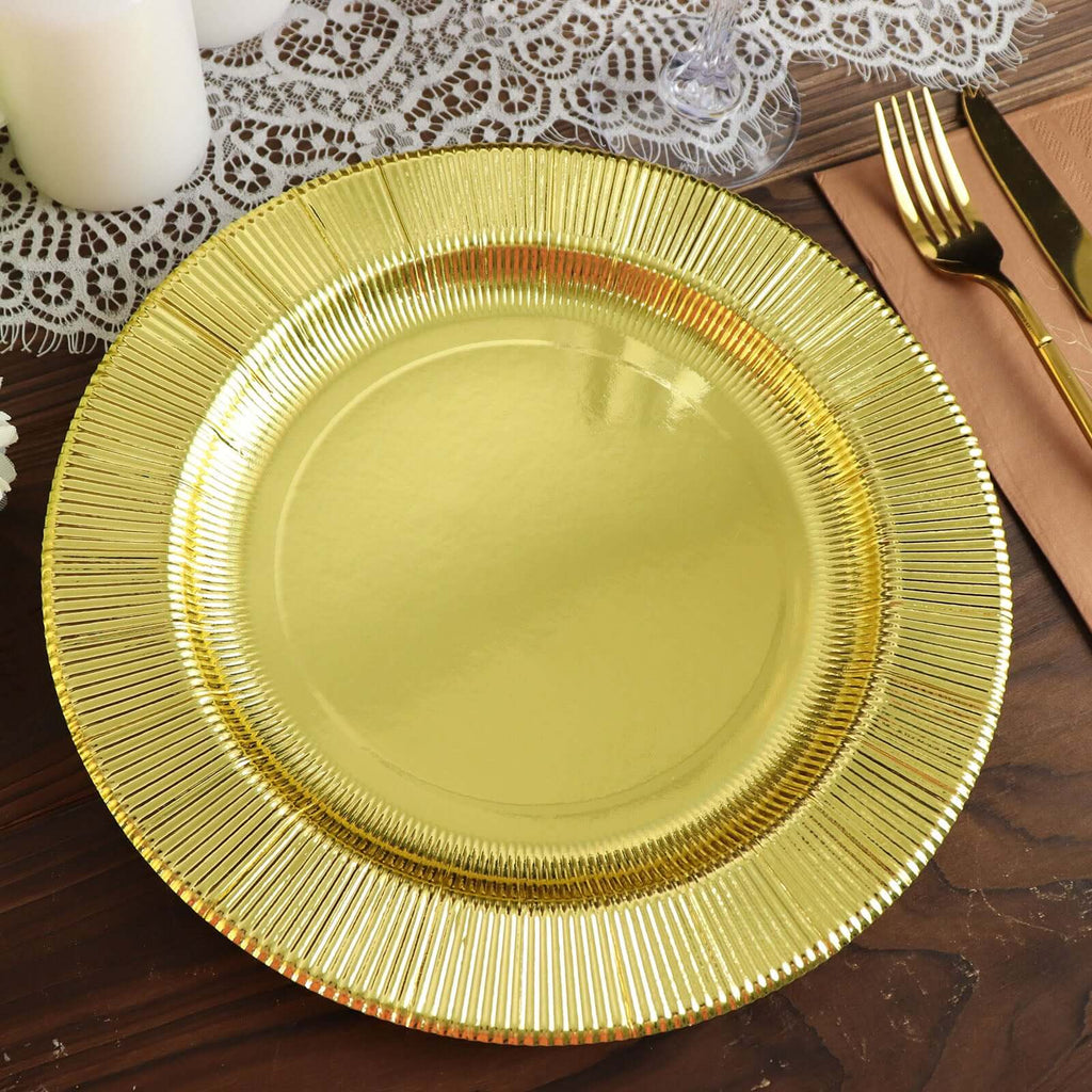 25 - Pack Paper 10" Round Dinner Plates in Metallic Gold Sunray Design - Disposable Heavy Duty 350GSM Party Plates - Bell Racket Store