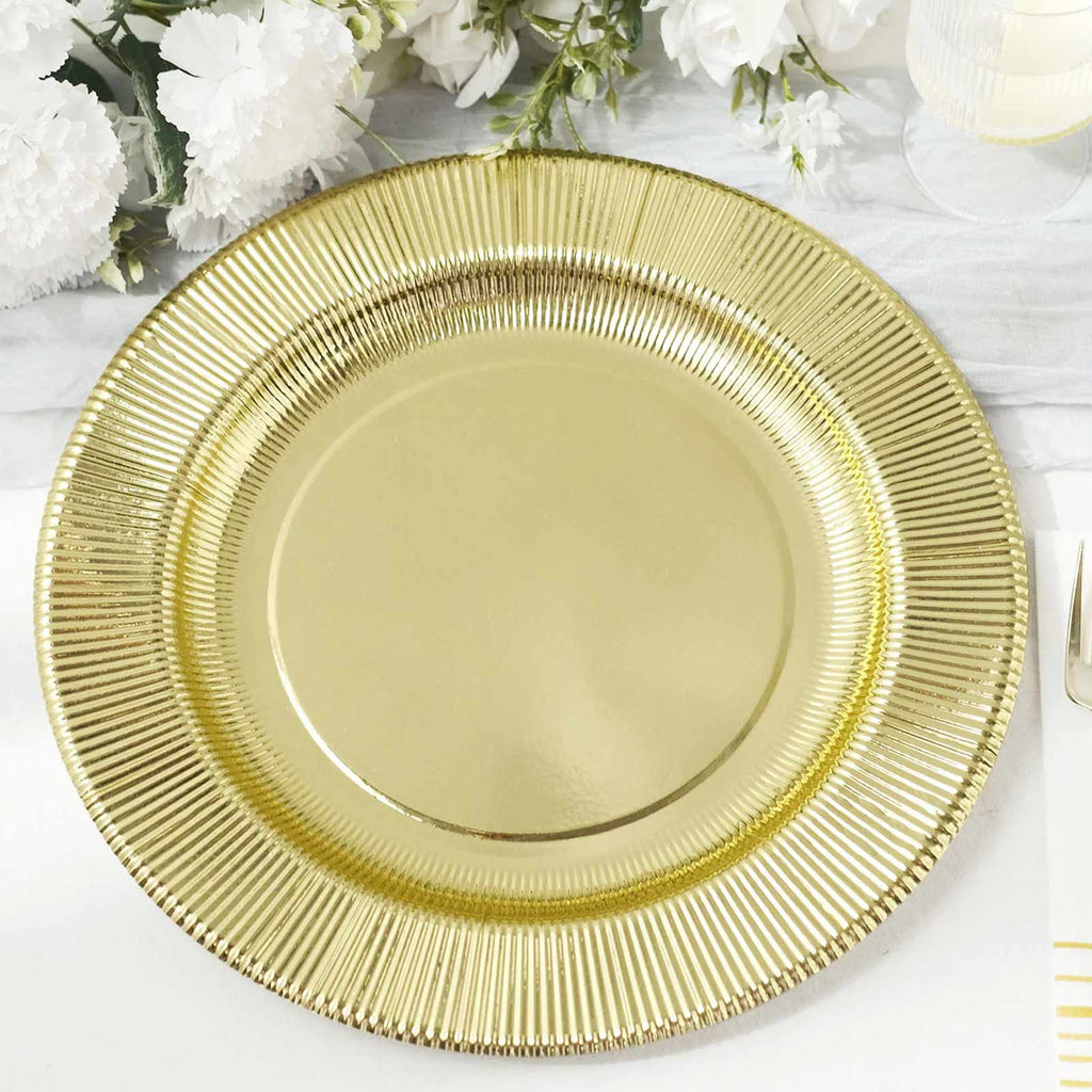 25 - Pack Paper 10" Round Dinner Plates in Metallic Gold Sunray Design - Disposable Heavy Duty 350GSM Party Plates - Bell Racket Store
