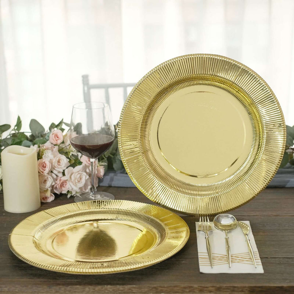 25 - Pack Paper 10" Round Dinner Plates in Metallic Gold Sunray Design - Disposable Heavy Duty 350GSM Party Plates - Bell Racket Store