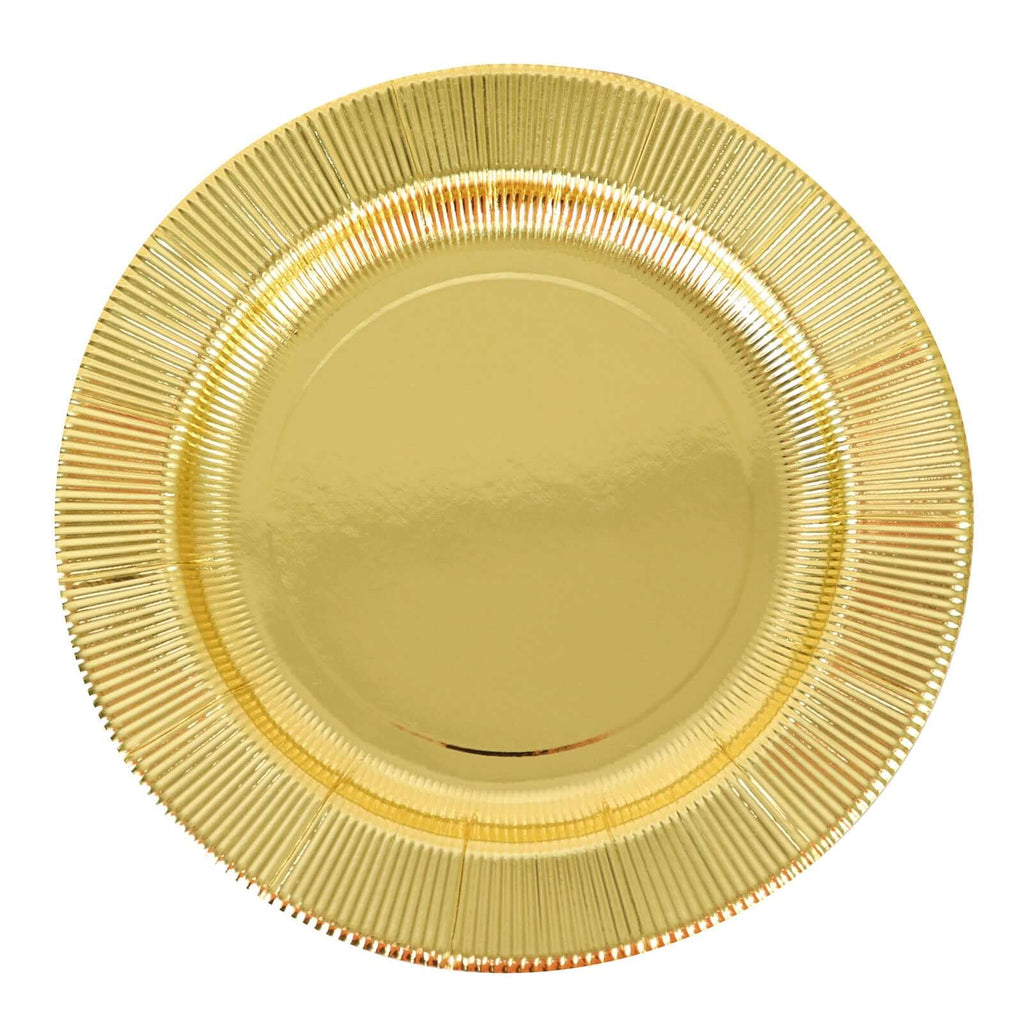25 - Pack Paper 10" Round Dinner Plates in Metallic Gold Sunray Design - Disposable Heavy Duty 350GSM Party Plates - Bell Racket Store