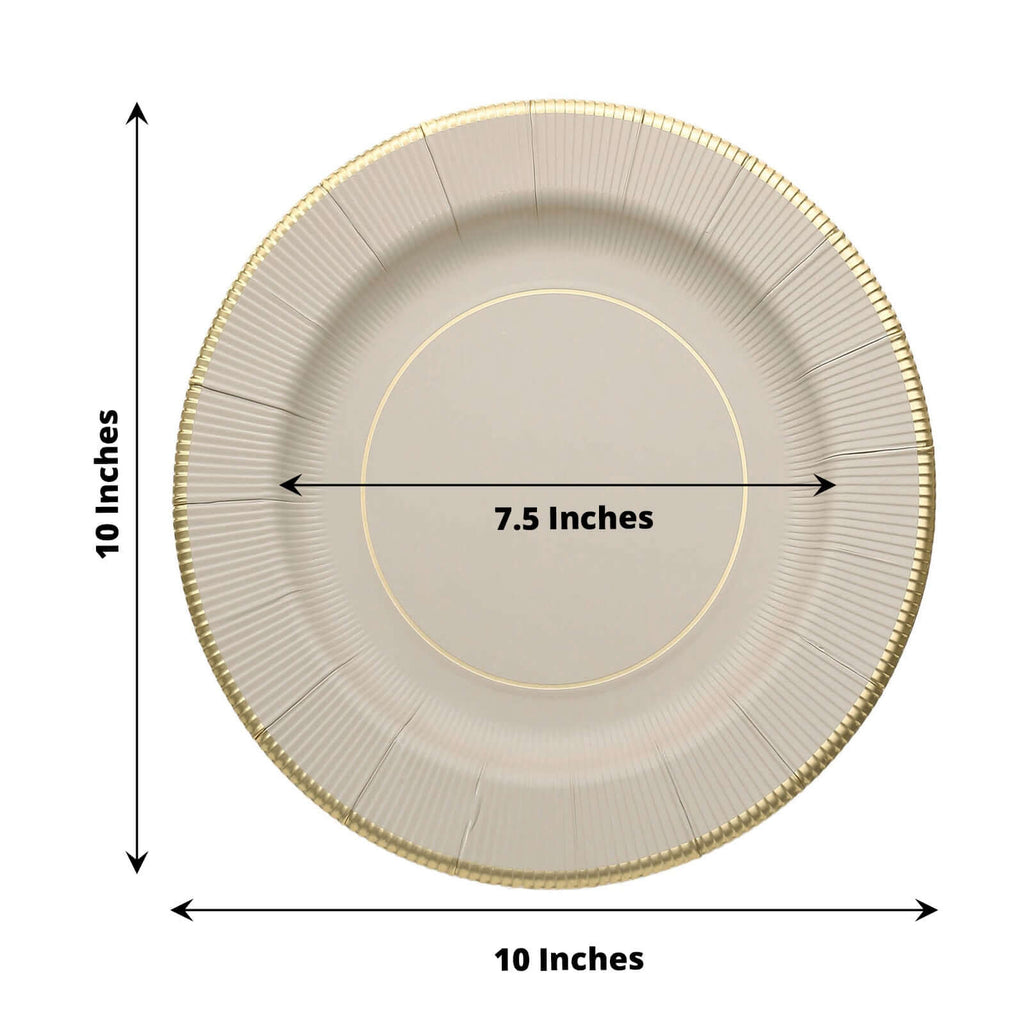 25 - Pack Paper 10" Round Dinner Plates in Taupe Sunray Design with Gold Rim - Disposable Heavy Duty 350GSM Party Plates - Bell Racket Store