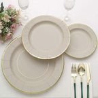 25 - Pack Paper 10" Round Dinner Plates in Taupe Sunray Design with Gold Rim - Disposable Heavy Duty 350GSM Party Plates - Bell Racket Store
