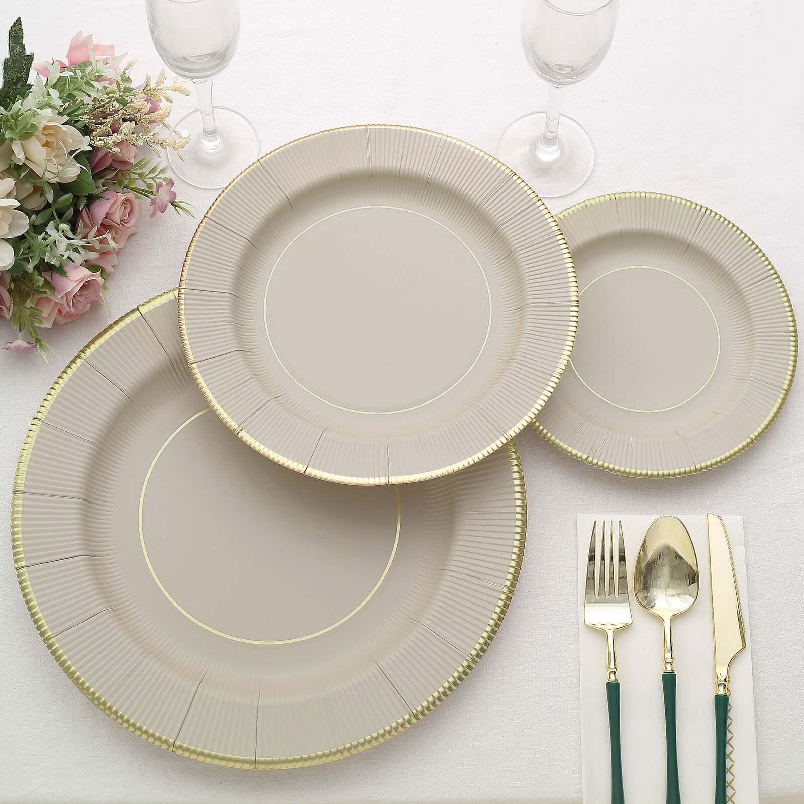 25 - Pack Paper 10" Round Dinner Plates in Taupe Sunray Design with Gold Rim - Disposable Heavy Duty 350GSM Party Plates - Bell Racket Store