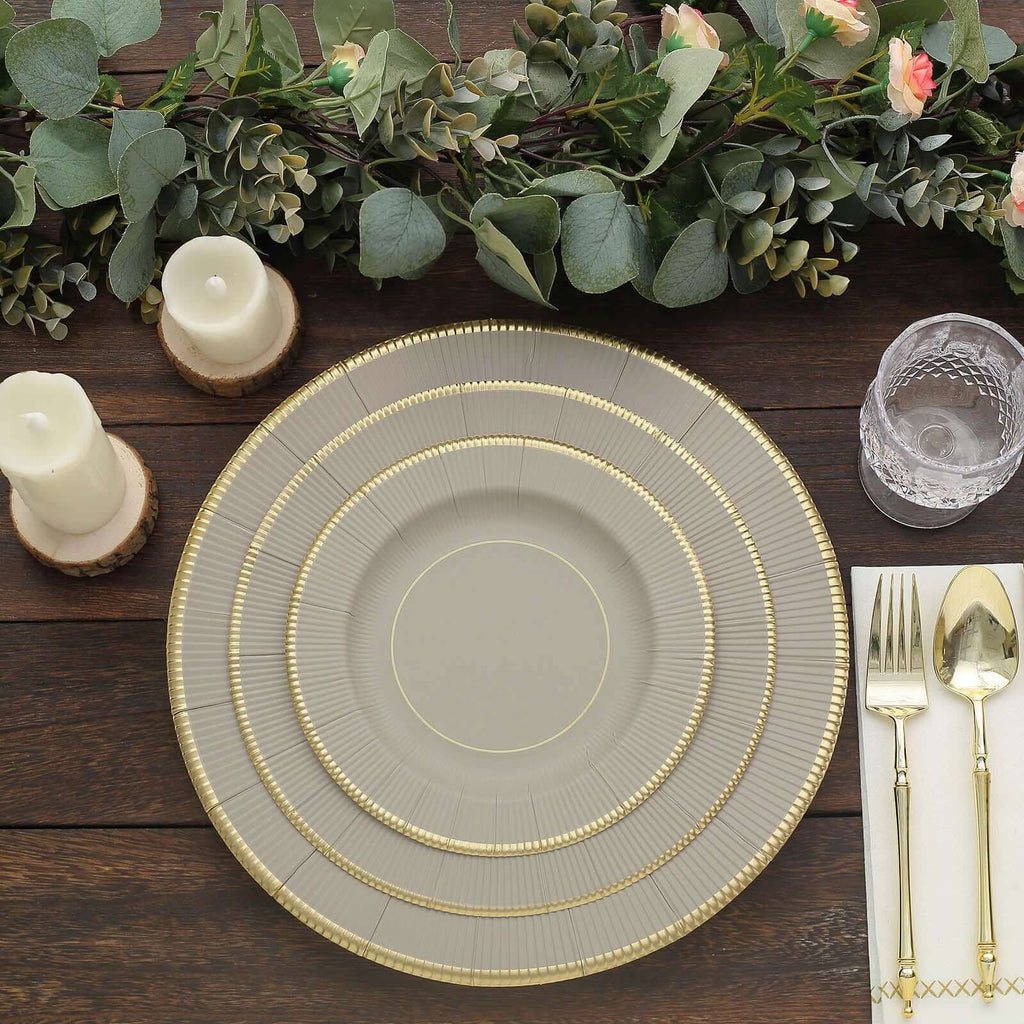 25 - Pack Paper 10" Round Dinner Plates in Taupe Sunray Design with Gold Rim - Disposable Heavy Duty 350GSM Party Plates - Bell Racket Store