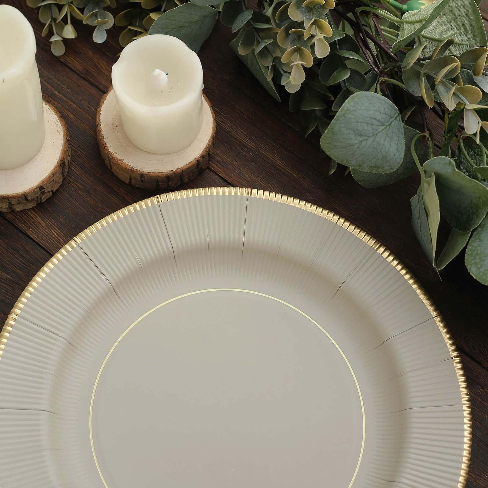 25 - Pack Paper 10" Round Dinner Plates in Taupe Sunray Design with Gold Rim - Disposable Heavy Duty 350GSM Party Plates - Bell Racket Store