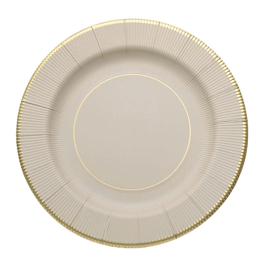 25 - Pack Paper 10" Round Dinner Plates in Taupe Sunray Design with Gold Rim - Disposable Heavy Duty 350GSM Party Plates - Bell Racket Store