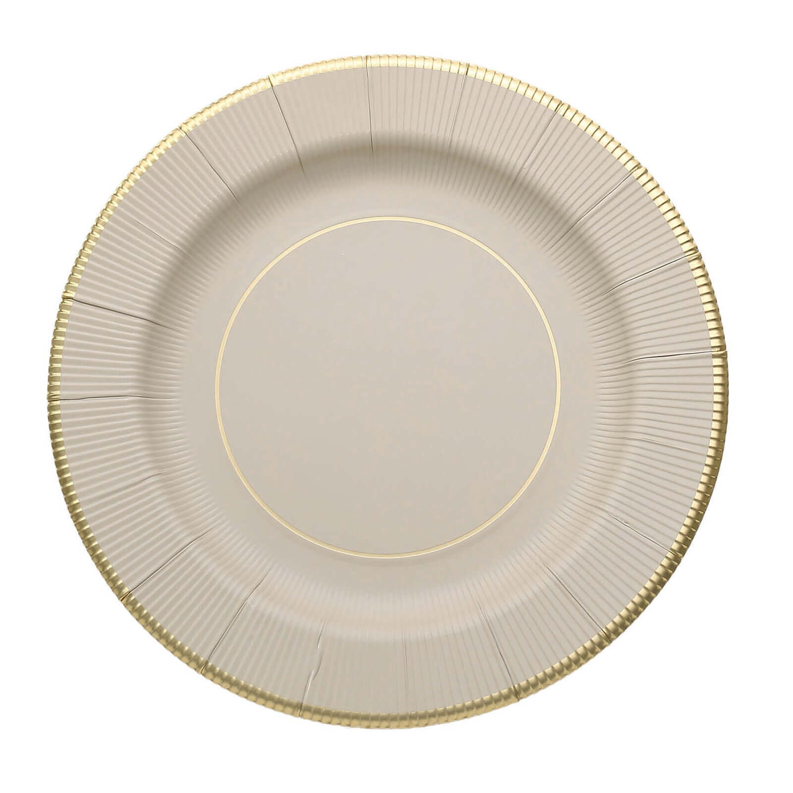 25 - Pack Paper 10" Round Dinner Plates in Taupe Sunray Design with Gold Rim - Disposable Heavy Duty 350GSM Party Plates - Bell Racket Store
