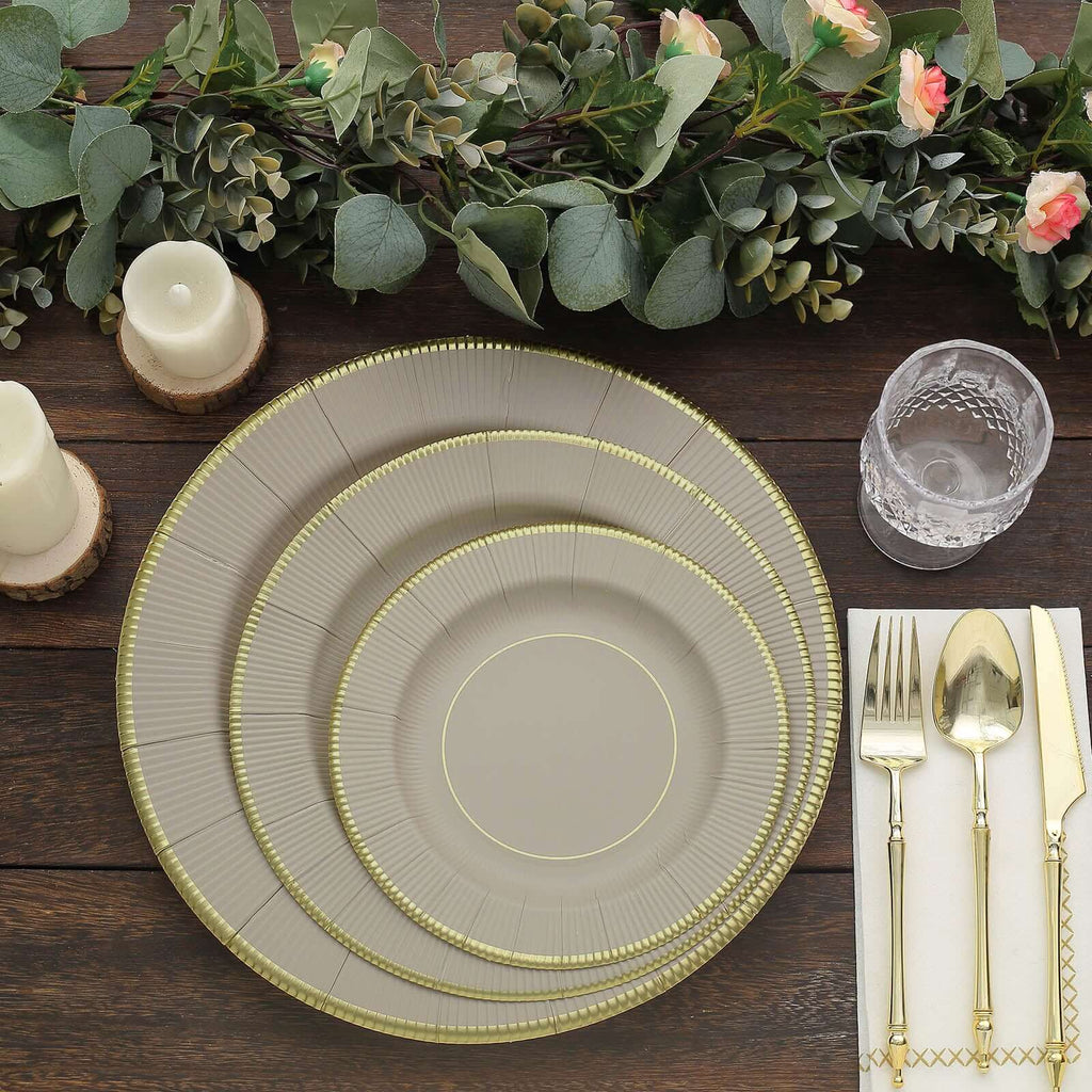 25 - Pack Paper 10" Round Dinner Plates in Taupe Sunray Design with Gold Rim - Disposable Heavy Duty 350GSM Party Plates - Bell Racket Store