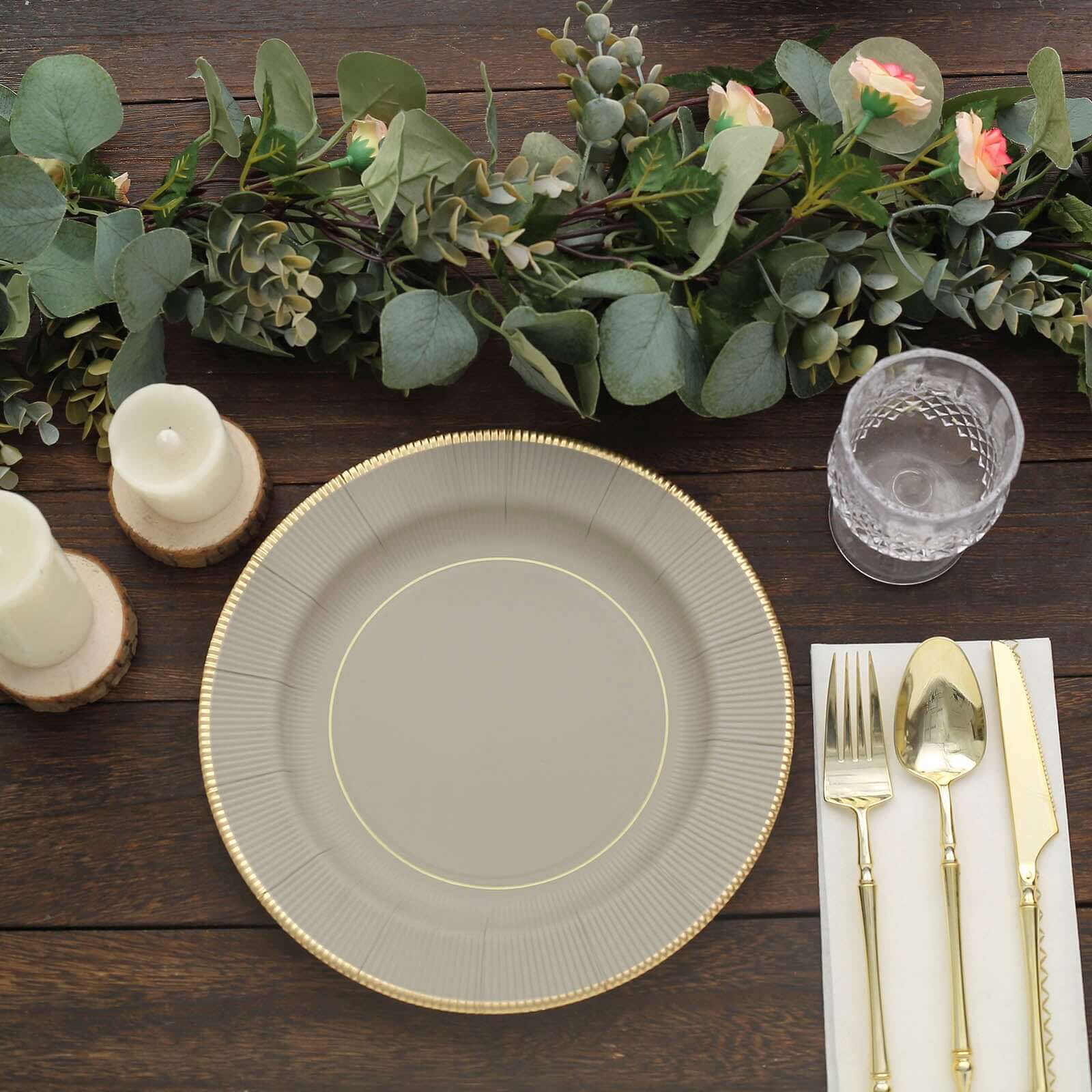 25 - Pack Paper 10" Round Dinner Plates in Taupe Sunray Design with Gold Rim - Disposable Heavy Duty 350GSM Party Plates - Bell Racket Store