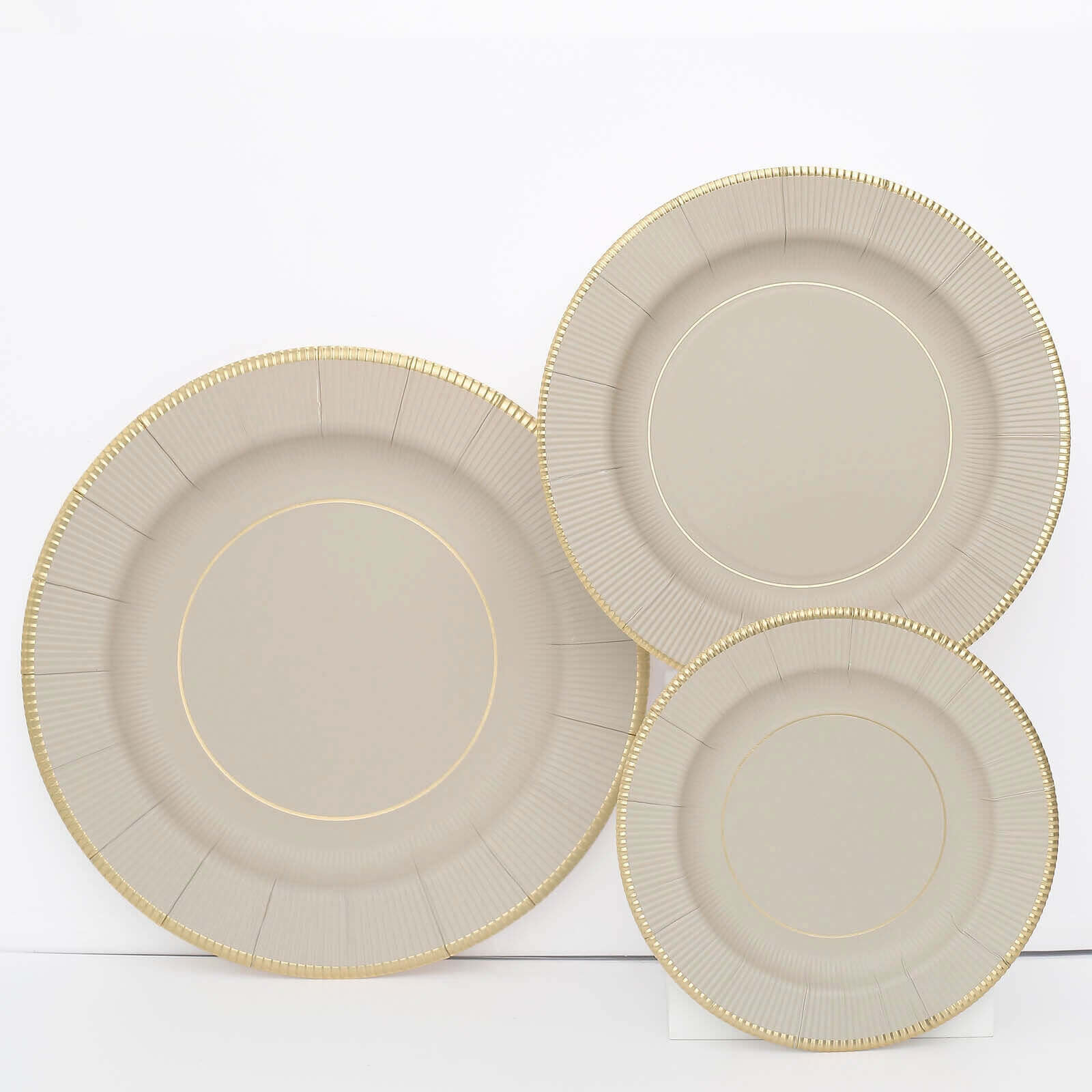25 - Pack Paper 10" Round Dinner Plates in Taupe Sunray Design with Gold Rim - Disposable Heavy Duty 350GSM Party Plates - Bell Racket Store