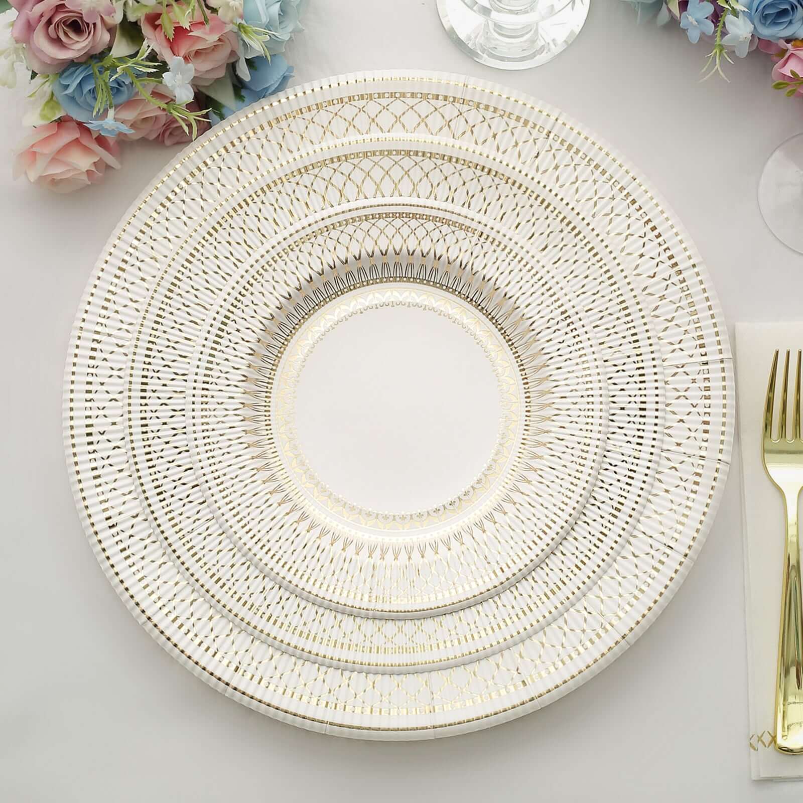 25 - Pack Paper 10" Round Dinner Plates in White with Gold Vintage Porcelain Style Rim - Disposable 300GSM Party Plates - Bell Racket Store