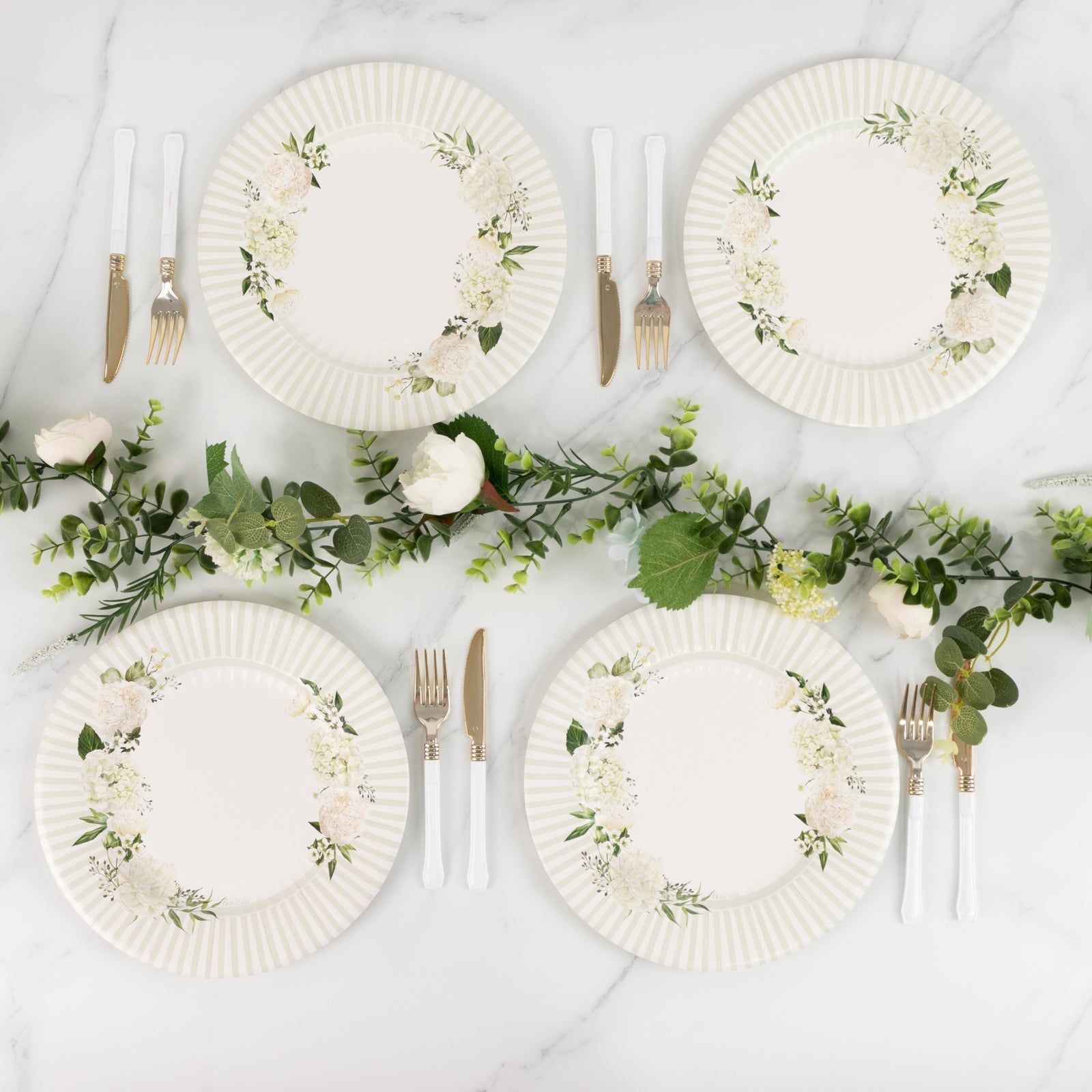 25 - Pack Paper 10" Round Dinner Plates in White with Sage Green Floral Print & Lined Rim - Disposable Party Plates for Bridal Showers & Luncheons - Bell Racket Store
