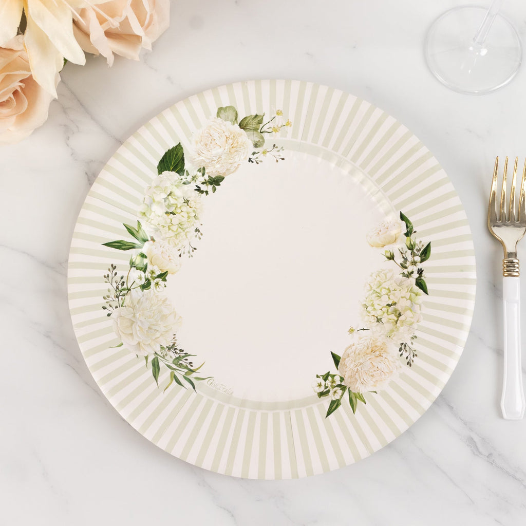 25 - Pack Paper 10" Round Dinner Plates in White with Sage Green Floral Print & Lined Rim - Disposable Party Plates for Bridal Showers & Luncheons - Bell Racket Store