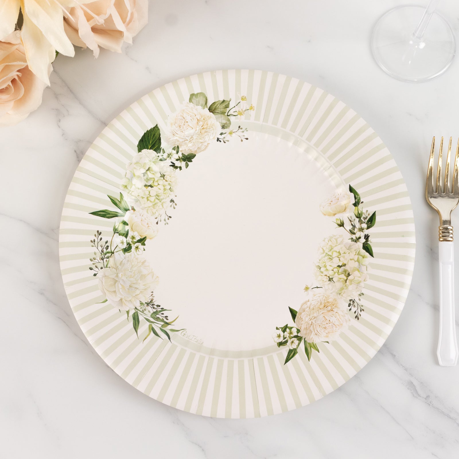 25 - Pack Paper 10" Round Dinner Plates in White with Sage Green Floral Print & Lined Rim - Disposable Party Plates for Bridal Showers & Luncheons - Bell Racket Store