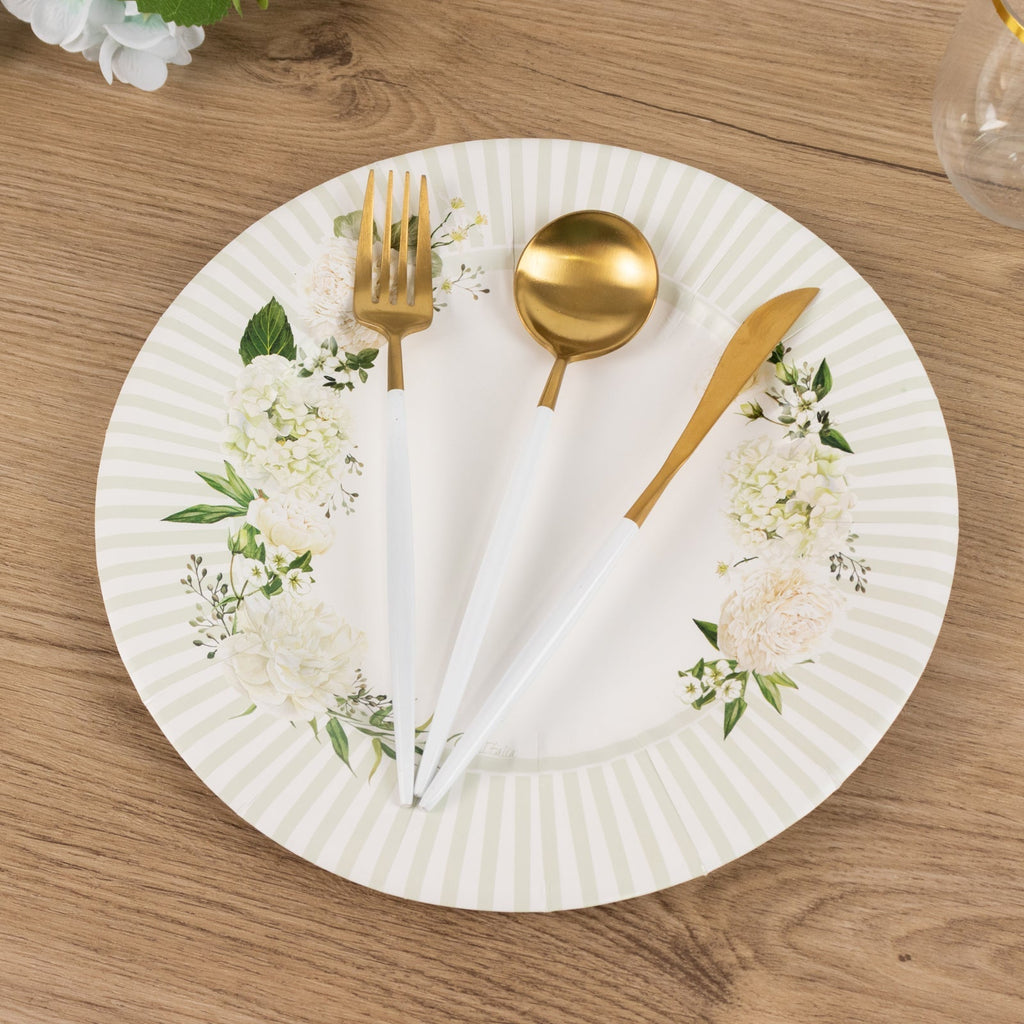 25 - Pack Paper 10" Round Dinner Plates in White with Sage Green Floral Print & Lined Rim - Disposable Party Plates for Bridal Showers & Luncheons - Bell Racket Store