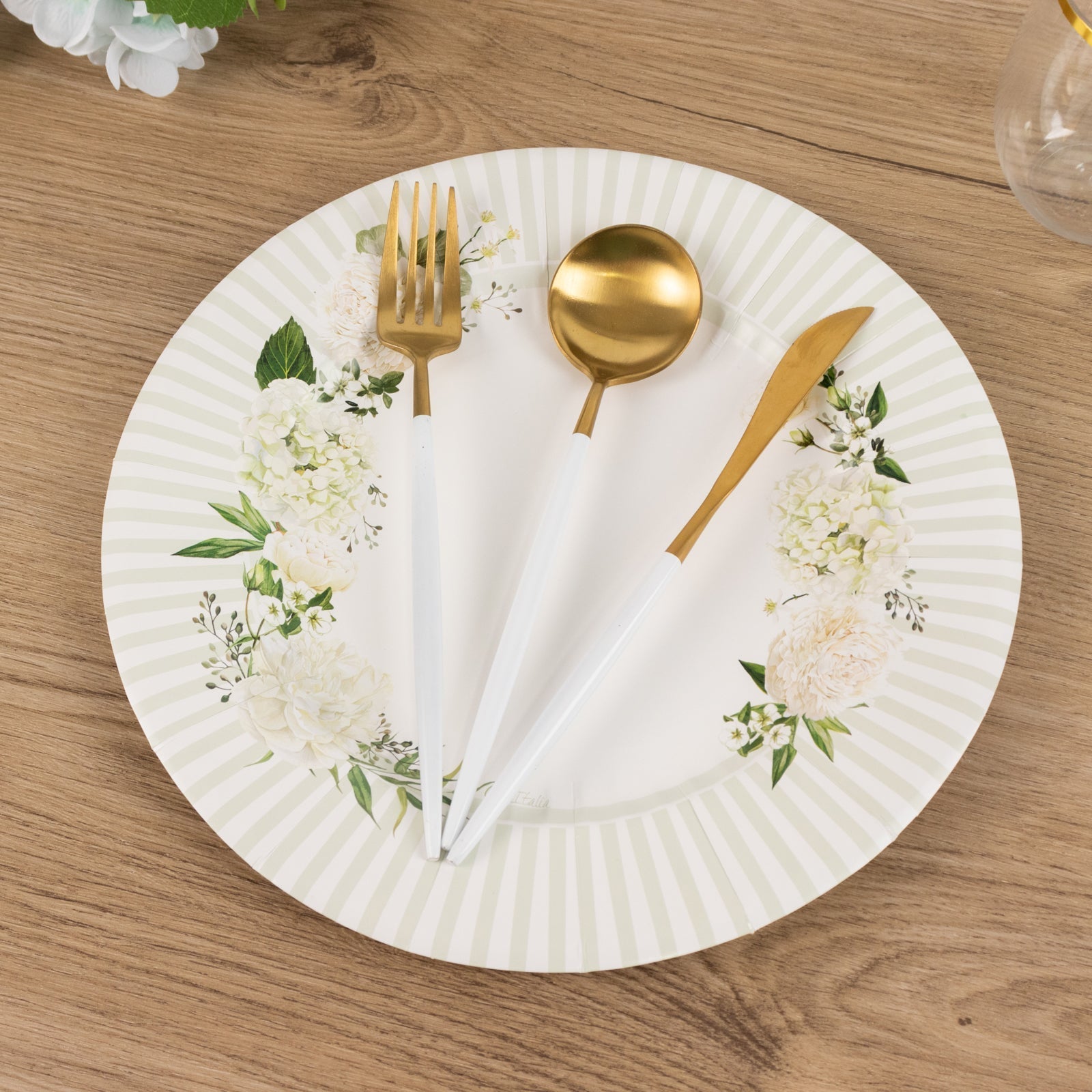 25 - Pack Paper 10" Round Dinner Plates in White with Sage Green Floral Print & Lined Rim - Disposable Party Plates for Bridal Showers & Luncheons - Bell Racket Store