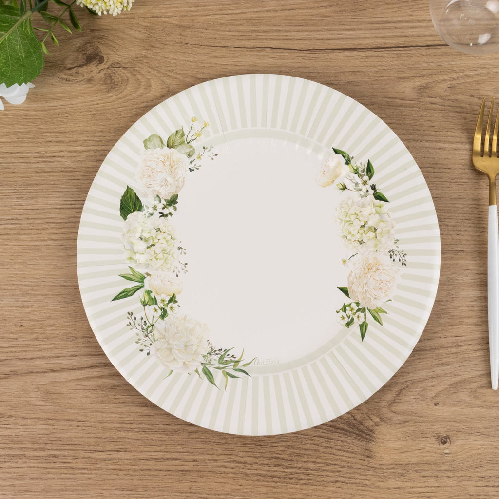 25 - Pack Paper 10" Round Dinner Plates in White with Sage Green Floral Print & Lined Rim - Disposable Party Plates for Bridal Showers & Luncheons - Bell Racket Store