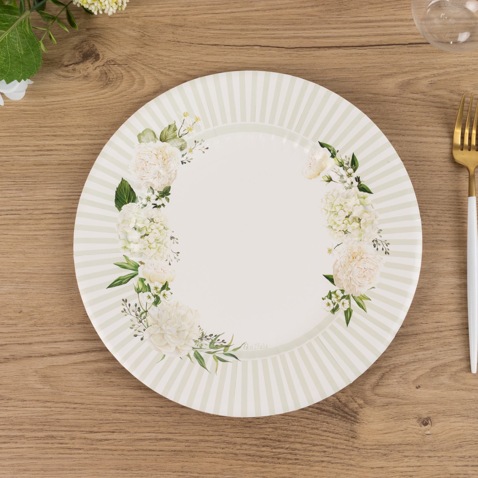 25 - Pack Paper 10" Round Dinner Plates in White with Sage Green Floral Print & Lined Rim - Disposable Party Plates for Bridal Showers & Luncheons - Bell Racket Store