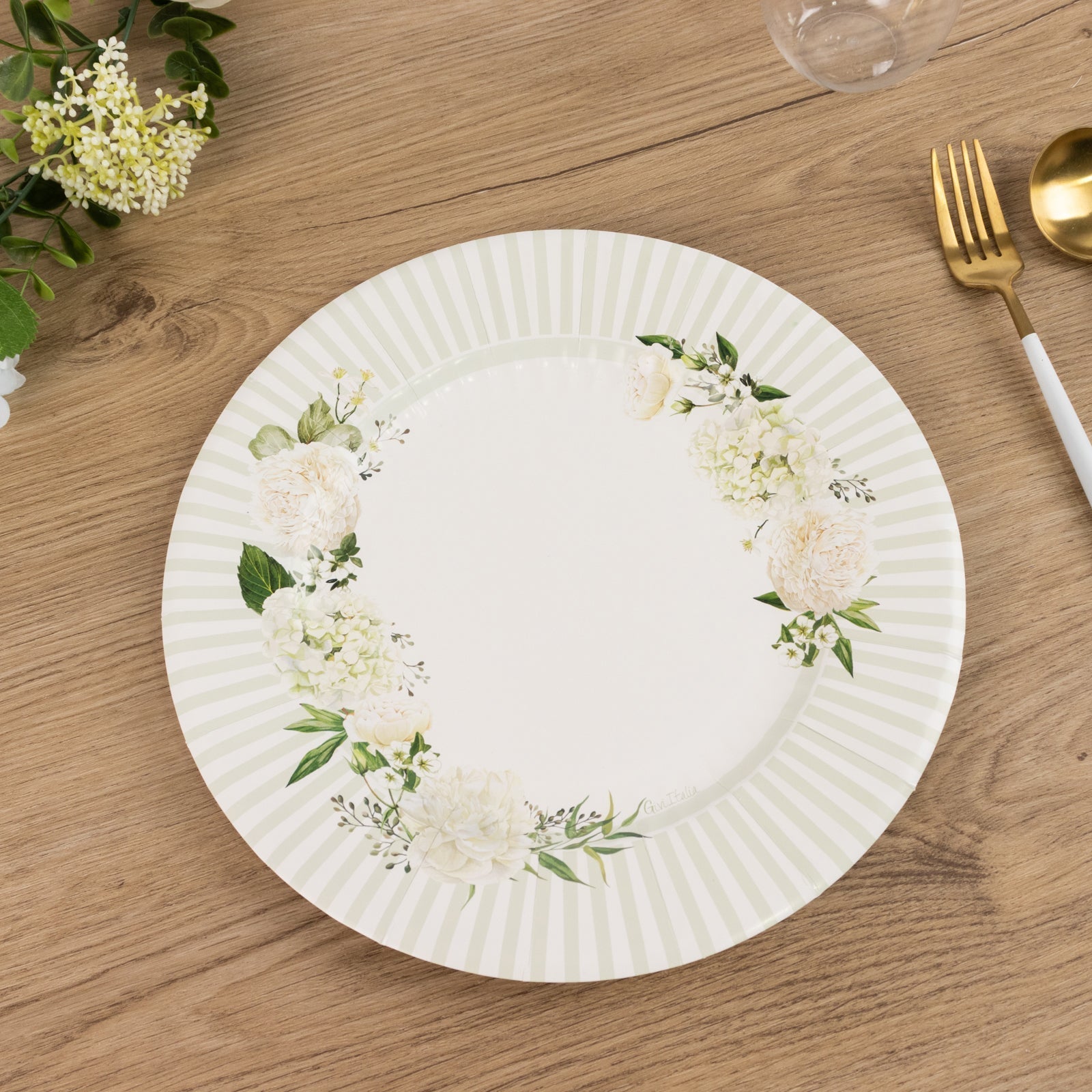 25 - Pack Paper 10" Round Dinner Plates in White with Sage Green Floral Print & Lined Rim - Disposable Party Plates for Bridal Showers & Luncheons - Bell Racket Store