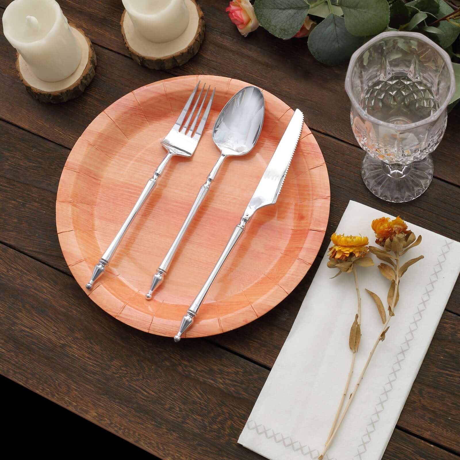 25 - Pack Paper 10" Round Dinner Plates Natural Wood Grain Print - Rustic & Nature - Inspired Disposable Party Plates - Bell Racket Store