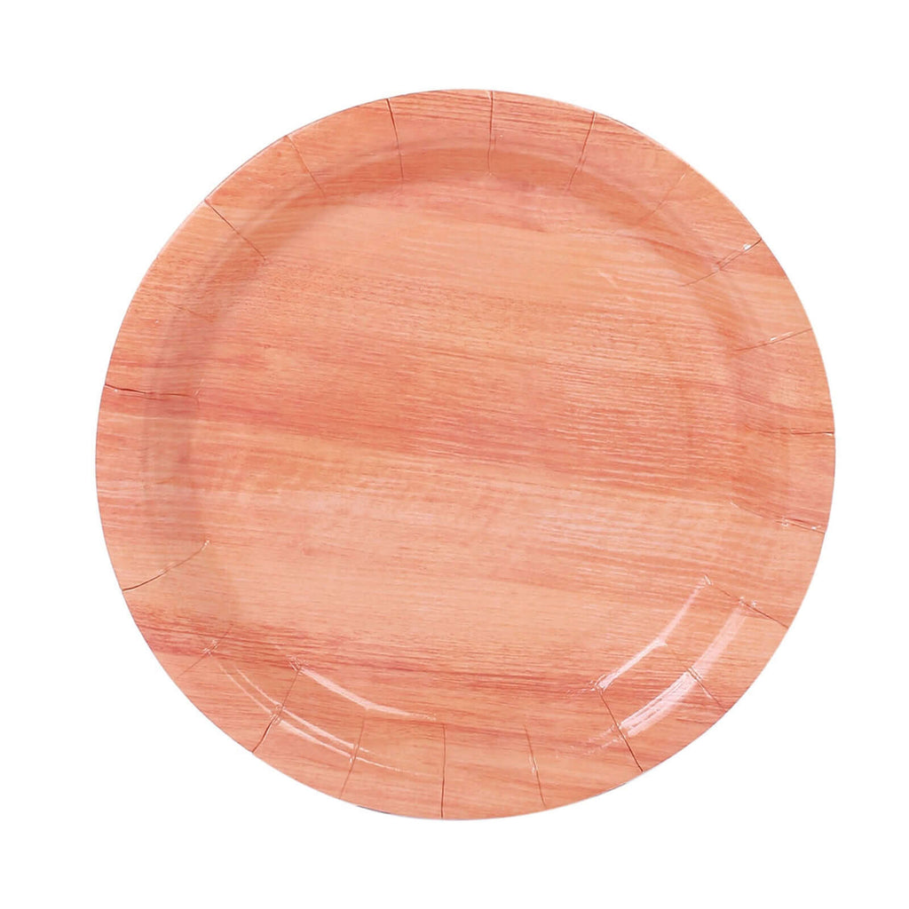 25 - Pack Paper 10" Round Dinner Plates Natural Wood Grain Print - Rustic & Nature - Inspired Disposable Party Plates - Bell Racket Store