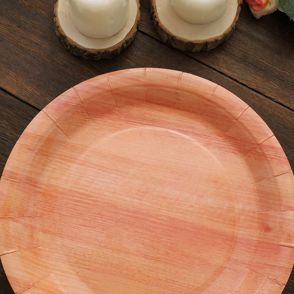 25 - Pack Paper 10" Round Dinner Plates Natural Wood Grain Print - Rustic & Nature - Inspired Disposable Party Plates - Bell Racket Store