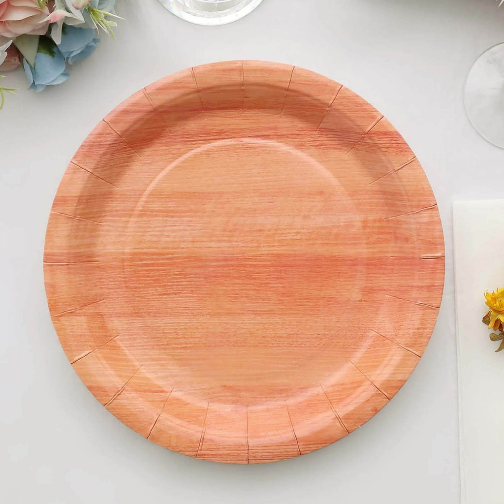 25 - Pack Paper 10" Round Dinner Plates Natural Wood Grain Print - Rustic & Nature - Inspired Disposable Party Plates - Bell Racket Store