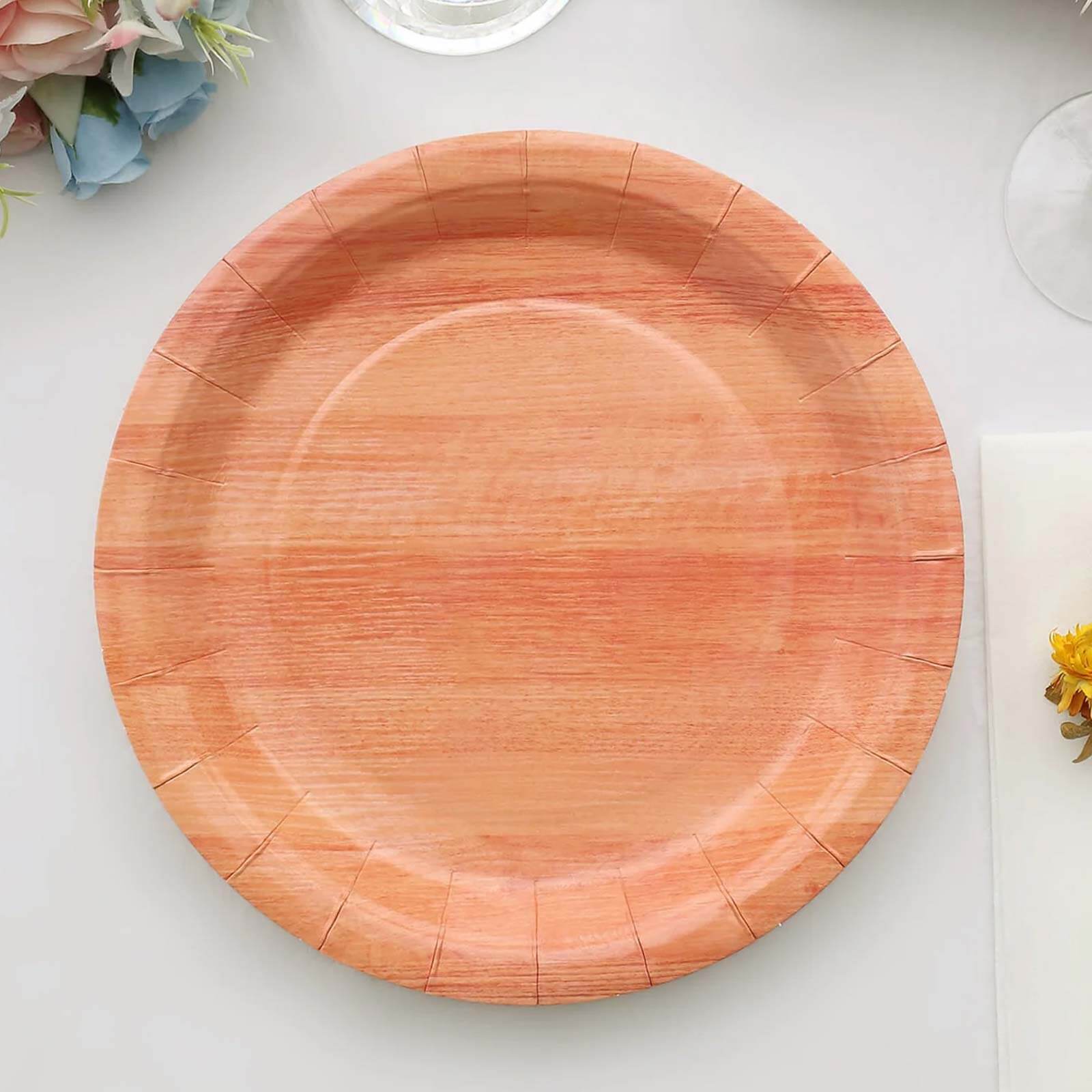 25 - Pack Paper 10" Round Dinner Plates Natural Wood Grain Print - Rustic & Nature - Inspired Disposable Party Plates - Bell Racket Store