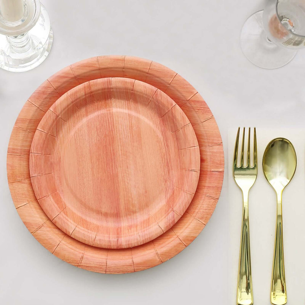 25 - Pack Paper 10" Round Dinner Plates Natural Wood Grain Print - Rustic & Nature - Inspired Disposable Party Plates - Bell Racket Store