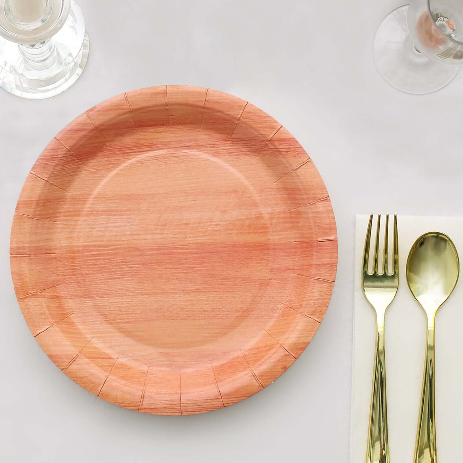 25 - Pack Paper 10" Round Dinner Plates Natural Wood Grain Print - Rustic & Nature - Inspired Disposable Party Plates - Bell Racket Store