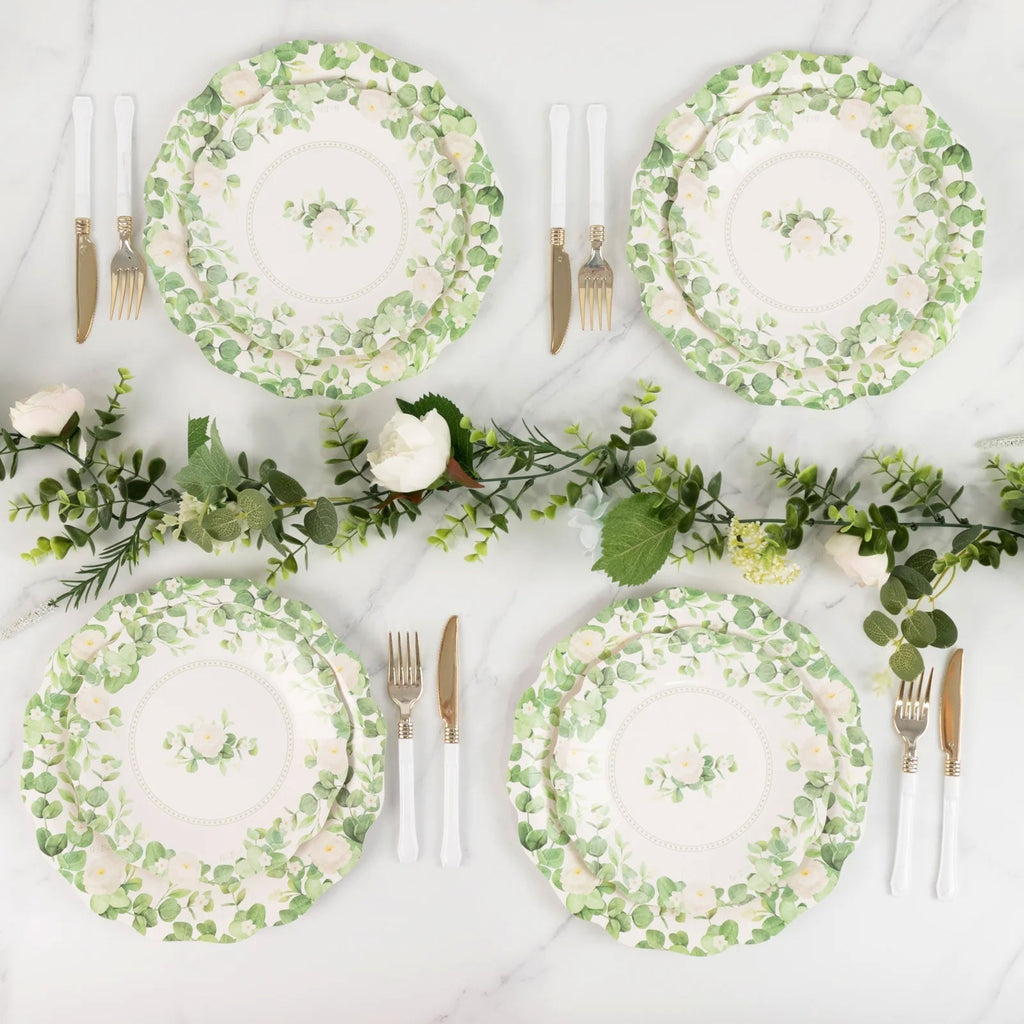 25 - Pack Paper 11" Round Dinner Plates in White with Floral Greenery & Scalloped Edges - Disposable Party Plates for Nature - Inspired Events & Chic Celebrations - Bell Racket Store