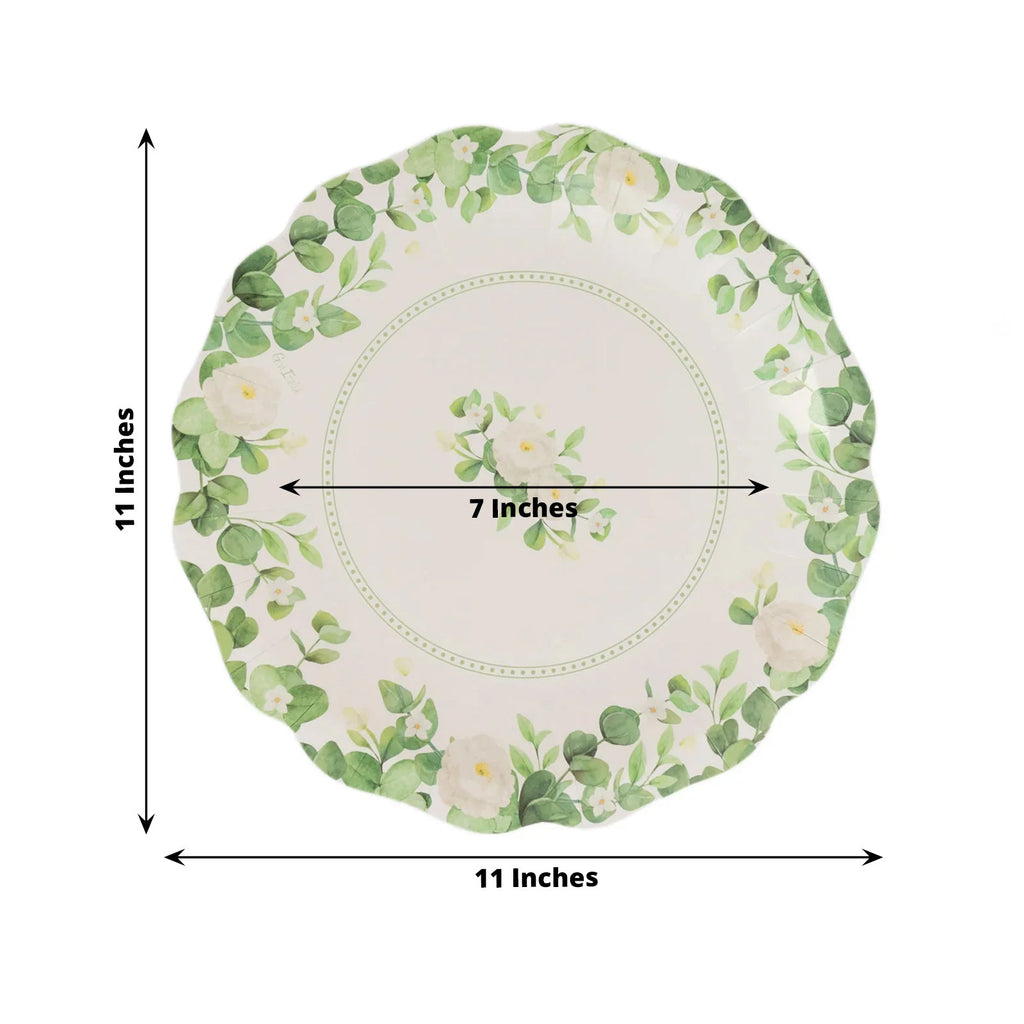 25 - Pack Paper 11" Round Dinner Plates in White with Floral Greenery & Scalloped Edges - Disposable Party Plates for Nature - Inspired Events & Chic Celebrations - Bell Racket Store