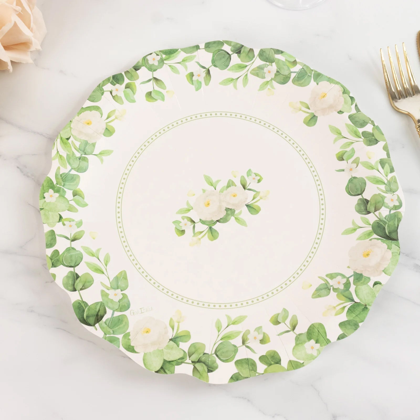 25 - Pack Paper 11" Round Dinner Plates in White with Floral Greenery & Scalloped Edges - Disposable Party Plates for Nature - Inspired Events & Chic Celebrations - Bell Racket Store