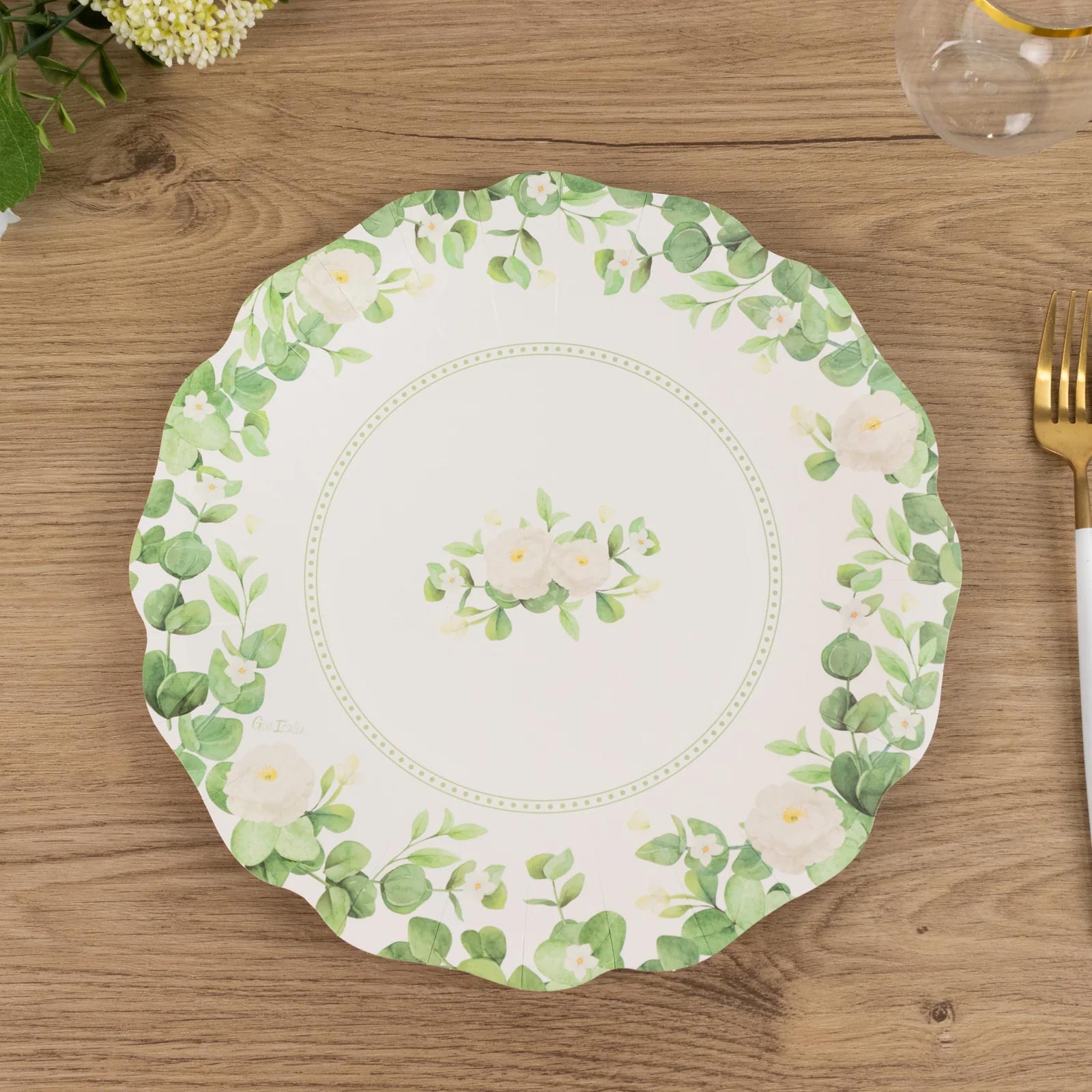 25 - Pack Paper 11" Round Dinner Plates in White with Floral Greenery & Scalloped Edges - Disposable Party Plates for Nature - Inspired Events & Chic Celebrations - Bell Racket Store