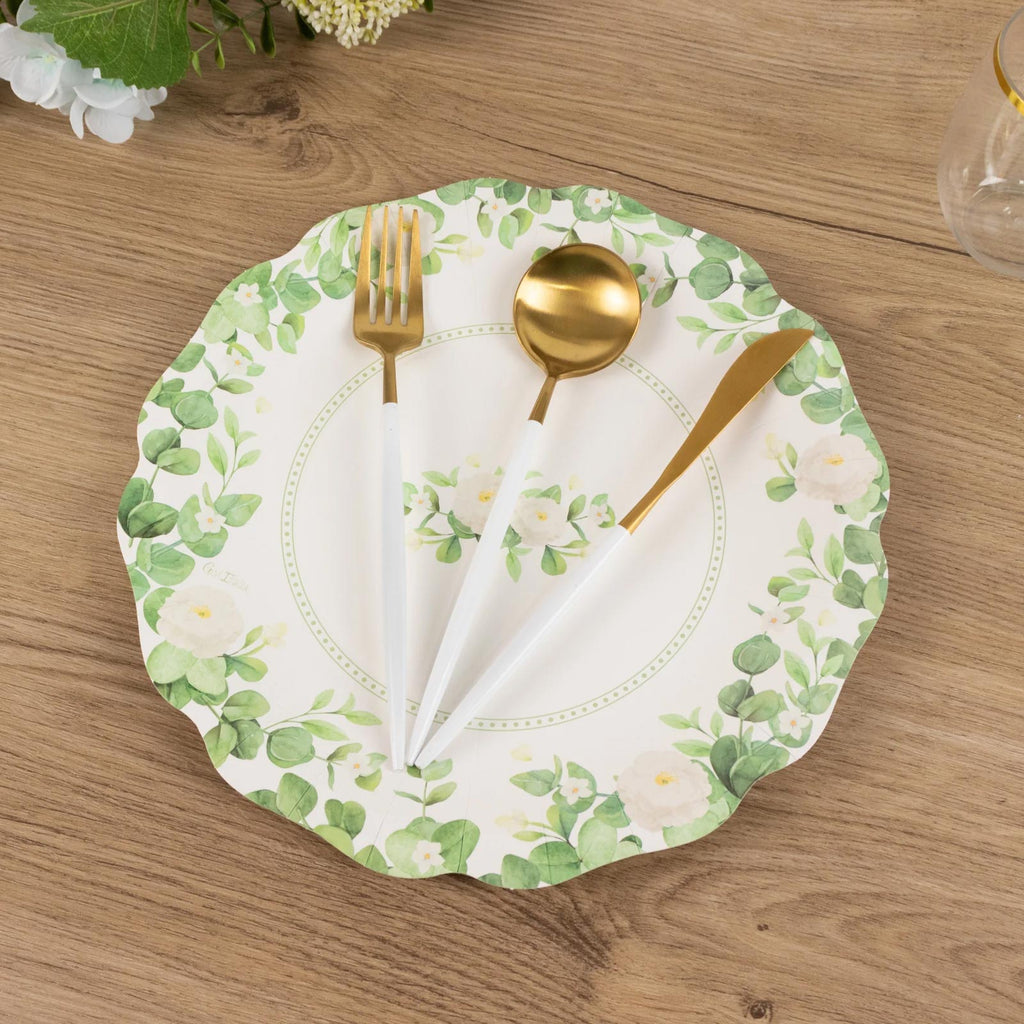 25 - Pack Paper 11" Round Dinner Plates in White with Floral Greenery & Scalloped Edges - Disposable Party Plates for Nature - Inspired Events & Chic Celebrations - Bell Racket Store