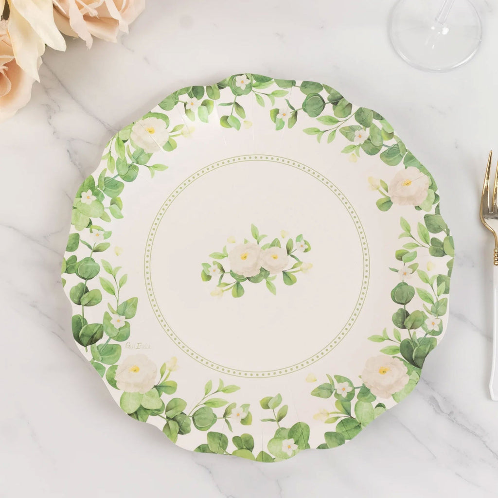25 - Pack Paper 11" Round Dinner Plates in White with Floral Greenery & Scalloped Edges - Disposable Party Plates for Nature - Inspired Events & Chic Celebrations - Bell Racket Store