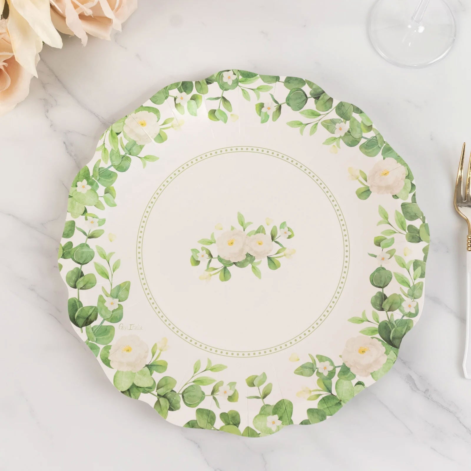 25 - Pack Paper 11" Round Dinner Plates in White with Floral Greenery & Scalloped Edges - Disposable Party Plates for Nature - Inspired Events & Chic Celebrations - Bell Racket Store
