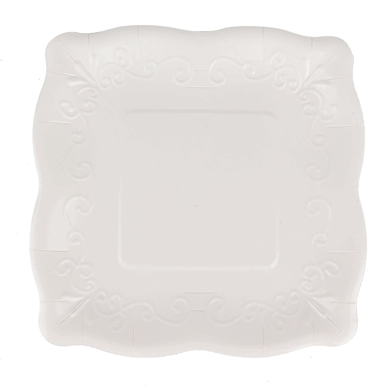 25 - Pack Paper 11" Square Dinner Plates in White with Vintage Pottery Embossed Design - Shiny Disposable Serving Plates - Bell Racket Store