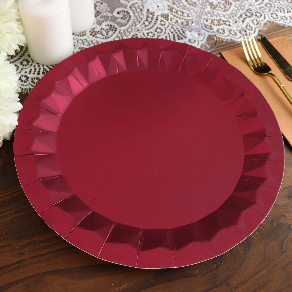 25 - Pack Paper 12" Round Charger Plates in Burgundy with Geometric Prism Design - Disposable 400GSM Serving Trays - Bell Racket Store