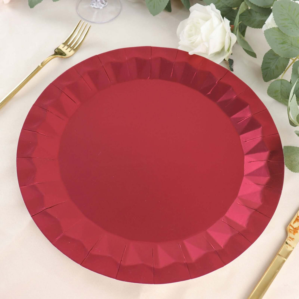 25 - Pack Paper 12" Round Charger Plates in Burgundy with Geometric Prism Design - Disposable 400GSM Serving Trays - Bell Racket Store